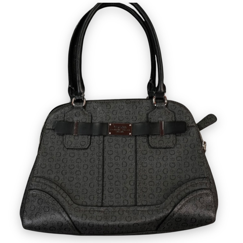 Guess Purse‎ Womens Gray Coal Faux Leather Shoulder Bag Multi Pocket Logo 644923